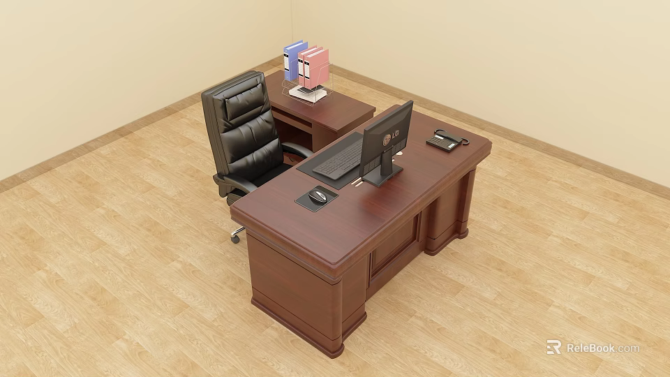 Brown Wooden Office Desk With Computer Monitor Mouse Phone Black Chair And Blue Pink Folders 3d model 