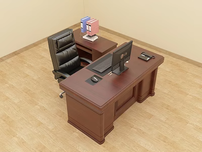 Brown Wooden Office Desk With Computer Monitor Mouse Phone Black Chair And Blue Pink Folders 3d model