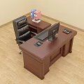 Brown Wooden Office Desk With Computer Monitor Mouse Phone Black Chair And Blue Pink Folders