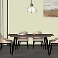 Wooden Dining Table Set With Beige Chairs Pendant Light And Wall Painting