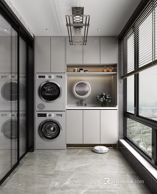 Modern Home Balcony With Stacked Washing Machine Dryer White Cabinets Countertop Window And Robot Vacuum 3d model 
