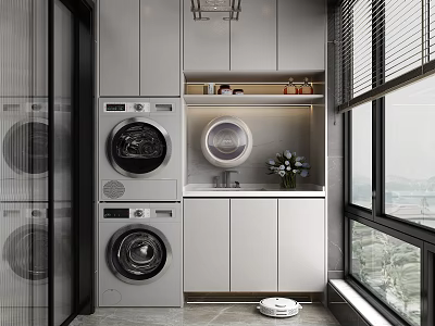 Modern Home Balcony With Stacked Washing Machine Dryer White Cabinets Countertop Window And Robot Vacuum 3d model