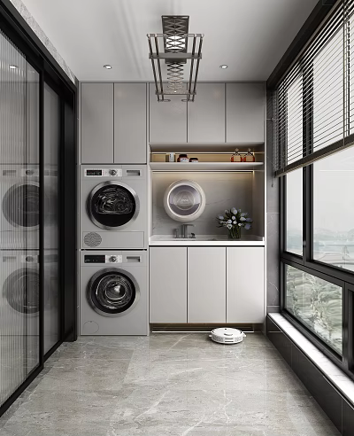 Modern Home Balcony With Stacked Washing Machine Dryer White Cabinets Countertop Window And Robot Vacuum 3d model