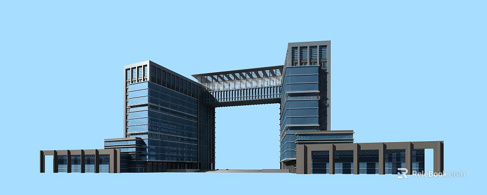 Modern High Rise Office Building With Glass Curtain Walls And Connecting Sky Bridge 3d model 