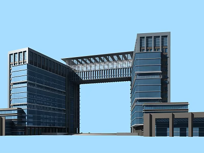 Modern High Rise Office Building With Glass Curtain Walls And Connecting Sky Bridge 3d model