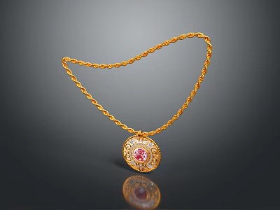 Gold Chain Necklace Featuring Oval Pendant With Red Gemstone And Diamond Accents 3d model