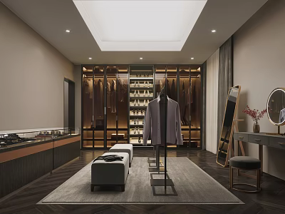 Luxury Walk in Closet Interior With Hanging Clothes Bench Mirror Cabinets And Shoe Racks 3d model