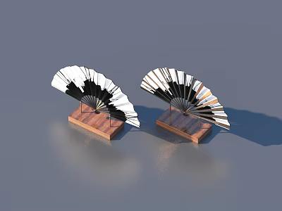Two Black and White Decorative Fans on Wooden Bases for Home Use 3d model