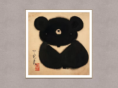 Fluffy Black Bear Animal Painting In Cute Style With Beige Background And Framed Artwork 3d model