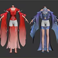 Traditional Daily Life Clothing In Red Blue With Elegant Design And Flowing Sleeves