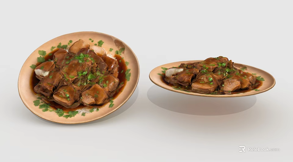 Two Plates of Braised Pork with Brown Sauce and Green Garnish on Light Colored Plates 3d model 