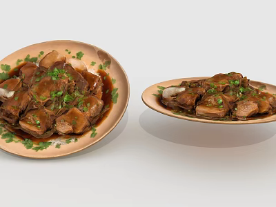 Two Plates of Braised Pork with Brown Sauce and Green Garnish on Light Colored Plates 3d model