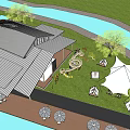 Garden Landscape Featuring White Tents Lawn Seating And Modern Building With Trees