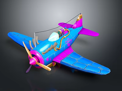 Cartoon Style Cosmic Airplane Model With Blue Pink Propeller And Cockpit 3d model
