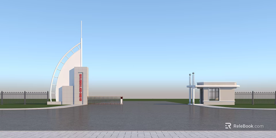 Modern Institutional Entrance Gate Design With White Building And Metal Fence 3d model 