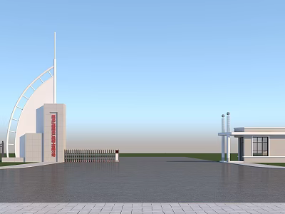 Modern Institutional Entrance Gate Design With White Building And Metal Fence 3d model