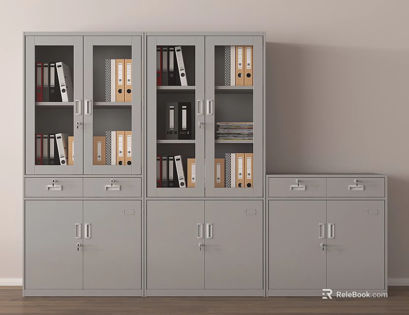 Gray Office File Cabinet With Glass Doors And Drawers For Storing Documents 3d model 