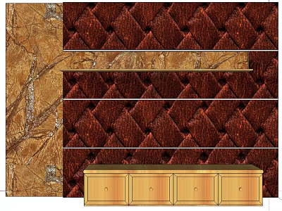 Marble Texture and Diamond Tufted TV Background Wall with Wooden Shelf and Storage Cabinet 3d model