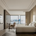 Modern Hotel Guest Room Interior With King Bed Work Desk Armchair And Wooden Decor