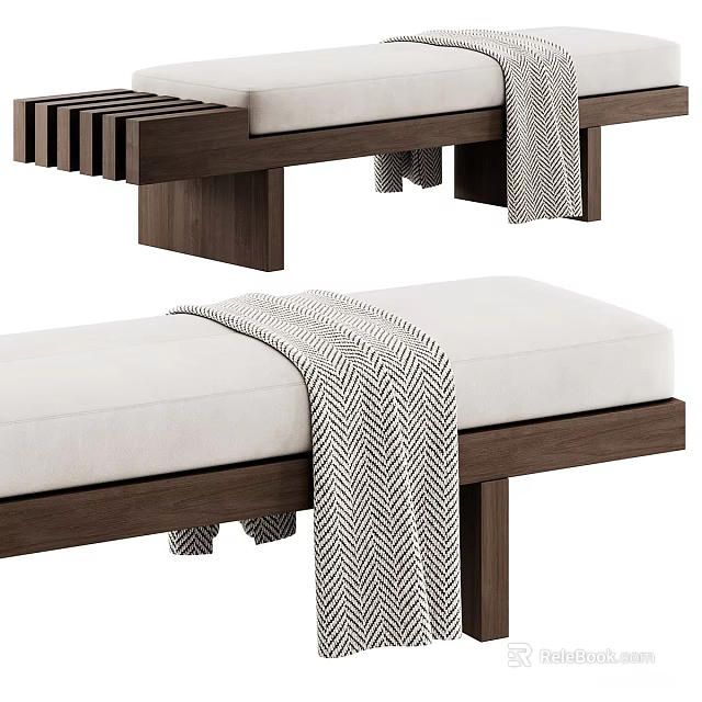 Modern Wooden Frame Sofa Bench With Upholstered Cushion And Striped Throw Blanket 3d model 