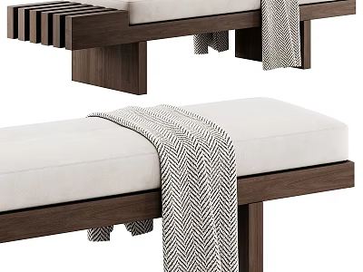 Modern Wooden Frame Sofa Bench With Upholstered Cushion And Striped Throw Blanket 3d model