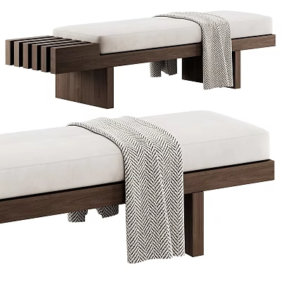 Modern Wooden Frame Sofa Bench With Upholstered Cushion And Striped Throw Blanket 3d model