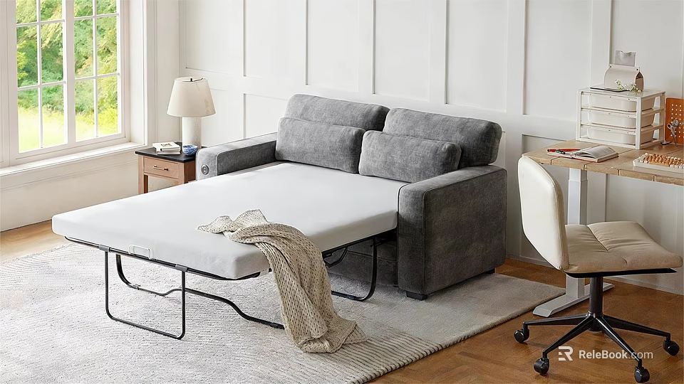 Gray Convertible Sofa Bed With Throw Blanket And Side Table In Living Room 3d model 