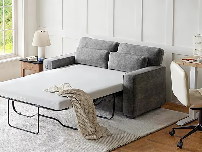 Gray Convertible Sofa Bed With Throw Blanket And Side Table In Living Room 3d model