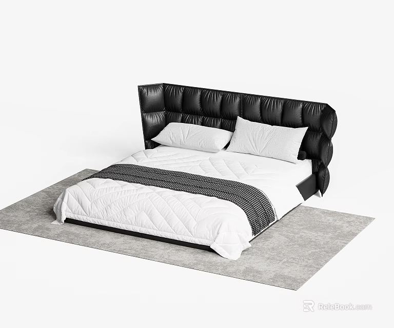 Modern Double Bed With Black Leather Headboard White Quilted Sheets And Gray Rug 3d model 