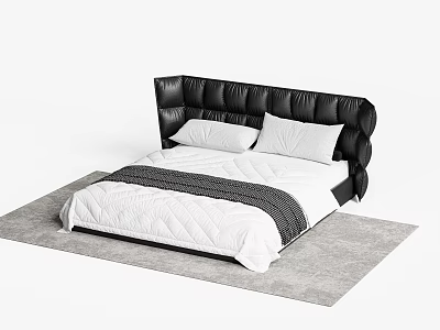 Modern Double Bed With Black Leather Headboard White Quilted Sheets And Gray Rug 3d model