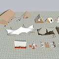 Scenic Outdoor Campsite with Various Tents Tables Chairs and Stone Paved Ground