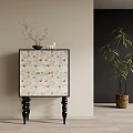 Stylish Entryway Side Cabinet With Patterned Panel Black Legs And Green Plant Decor 3d model