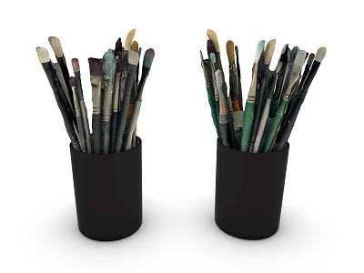 Various Paintbrushes Stored in Two Black Pen Holders on White Background 3d model