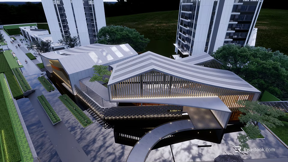 Modern Sales Office Building With Unique Roof Design Surrounded by Greenery and High-Rise Buildings 3d model 