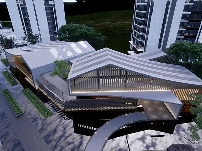 Modern Sales Office Building With Unique Roof Design Surrounded by Greenery and High-Rise Buildings 3d model