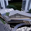 Modern Sales Office Building With Unique Roof Design Surrounded by Greenery and High-Rise Buildings