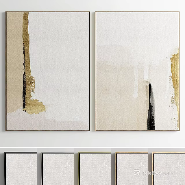 Two Panel Modern Picture Frames With Abstract Art Beige Gold Black Brushstrokes 3d model