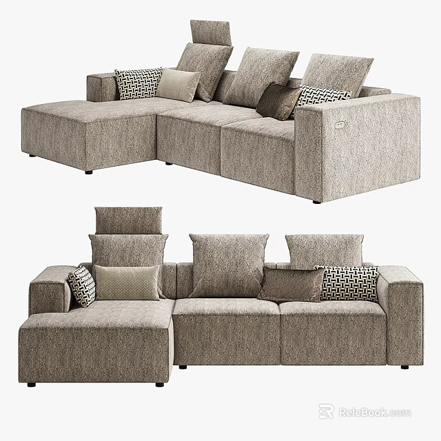 Light Gray Fabric Two-Seater L-Shaped Sofa with Plush Cushions and Patterned Pillows 3d model