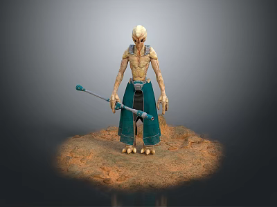 Alien Fantasy Creature Holding Blue Staff Standing on Desert Sand Surface 3d model