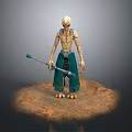 Alien Fantasy Creature Holding Blue Staff Standing on Desert Sand Surface