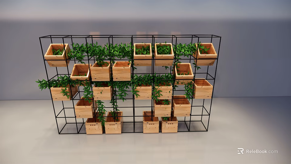 Shelf Unit With Black Metal Frame And Wooden Planters Holding Green Plants 3d model 
