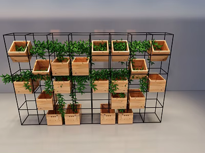 Shelf Unit With Black Metal Frame And Wooden Planters Holding Green Plants 3d model