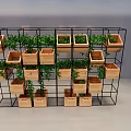 Shelf Unit With Black Metal Frame And Wooden Planters Holding Green Plants