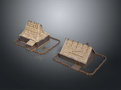 Rustic Traditional Thatched Roof Huts With Wooden Frames And Surrounding Platforms 3d model