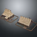 Rustic Traditional Thatched Roof Huts With Wooden Frames And Surrounding Platforms