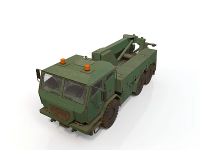 Green Heavy Duty Military Truck With Crane Orange Warning Lights Multiple Wheels 3d model