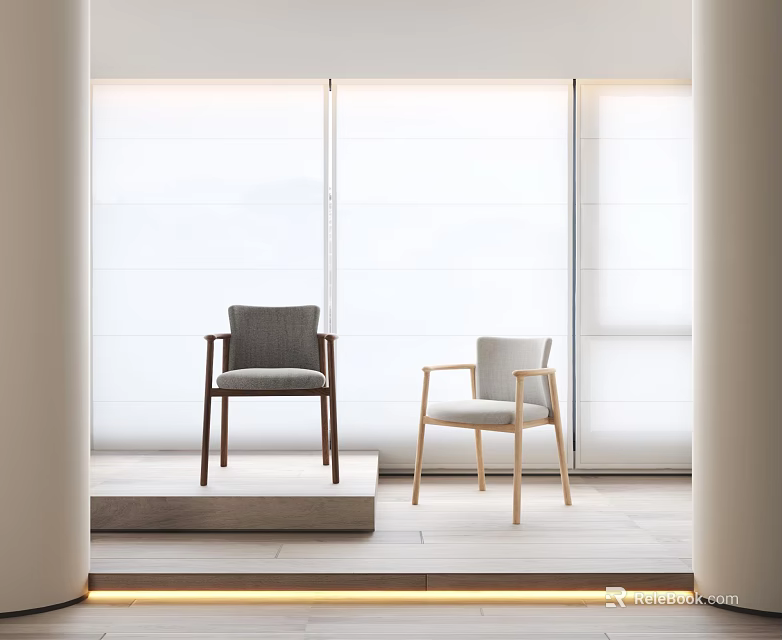 Modern White Sheer Curtains in Minimalist Interior With Accent Chairs And Steps 3d model 