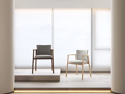 Modern White Sheer Curtains in Minimalist Interior With Accent Chairs And Steps 3d model