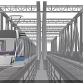 Modern Metal Truss Bridge Over Blue Water With Passing Light Rail Train