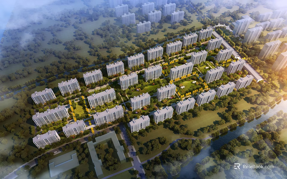 Aerial View Planning of Neatly Arranged Residential Buildings With Green Spaces And Trees 3d model 